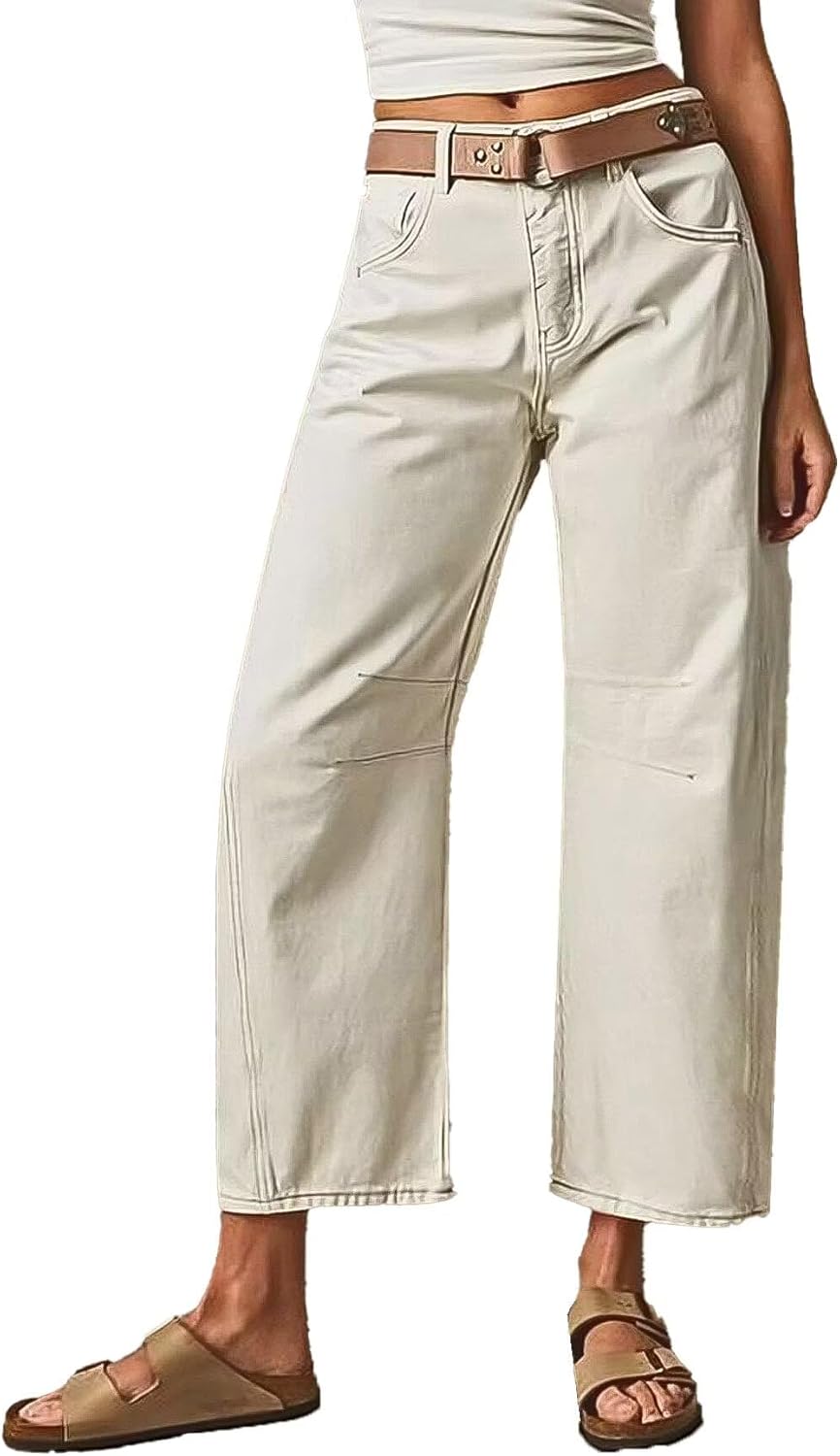 Flamingals Women’s Mid Waist Crop Straight Leg Jeans with Solid Stitch Detail Casual Fashion Trendy Denim Pants