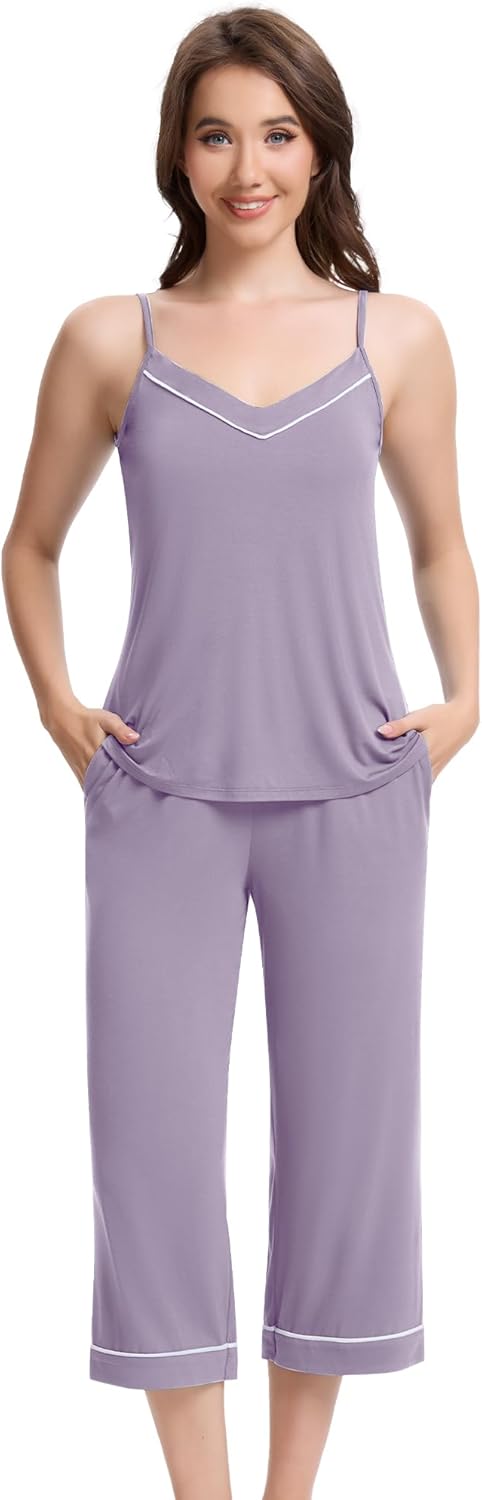 WiWi Womens Cami Pajama Sets 2 Piece Camisole Top Capri Pants Sleepwear Soft Lingerie Bamboo Viscose PJs S-XXL