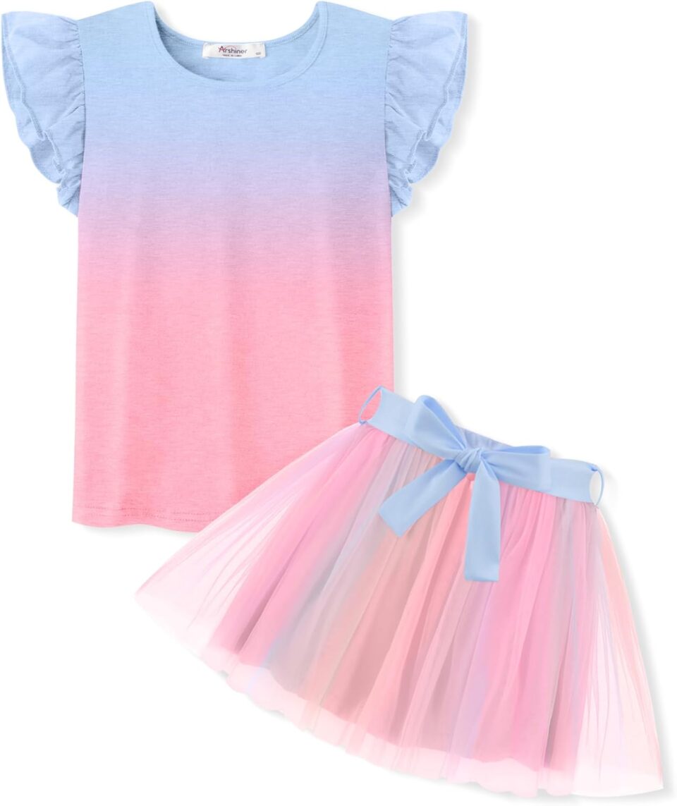 Arshiner Toddler Summer Girls Clothes 2 Piece Ruffle Sleeve Tops and Belt Tutu Skirt Sets Cute Party Dress for Kids