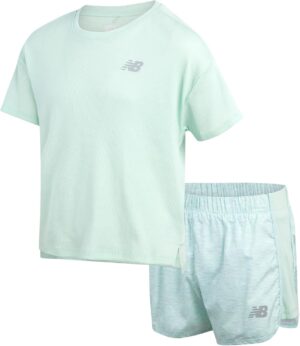 New Balance Girls Active Shorts Set - 2 Piece Performance Ribbed T-Shirt and Shorts - Cute Summer Outfit Set for Girls, 7-12