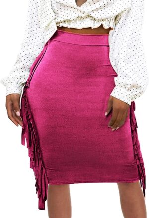 Women's High Waist Side Tassels Fringe Bodycon Pencil Midi Skirt