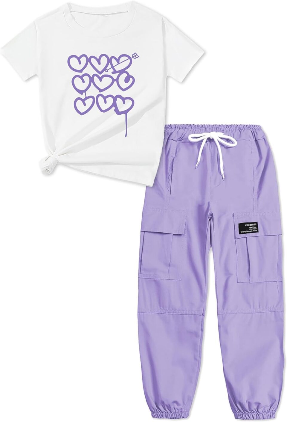 ARTMINE Girls' 2 Piece Outfits Casual Drawstring Jogger Pants and Basic Short Sleeve Top Set, 6-14 Years