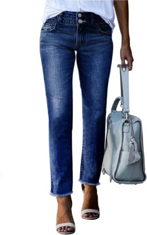 Sidefeel Women's High Waisted Jeans Strechy Fashion Raw Hem Straight Leg Ankle Denim Pants with Pockets