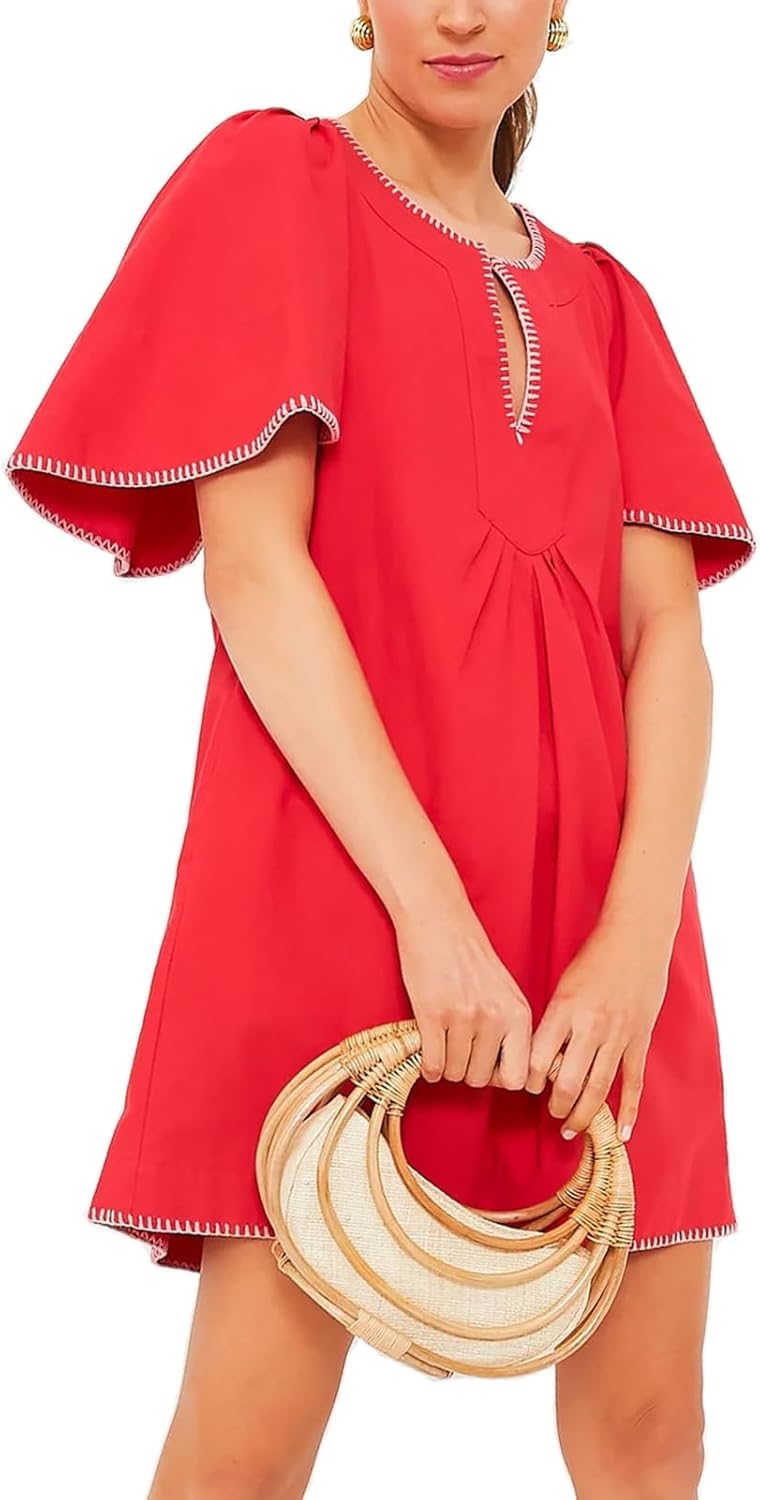 HOULENGS Women's Summer Ruffle Short Sleeve A Line Mini Dress Casual Contrast Trim V Neck Short Dress with Pockets