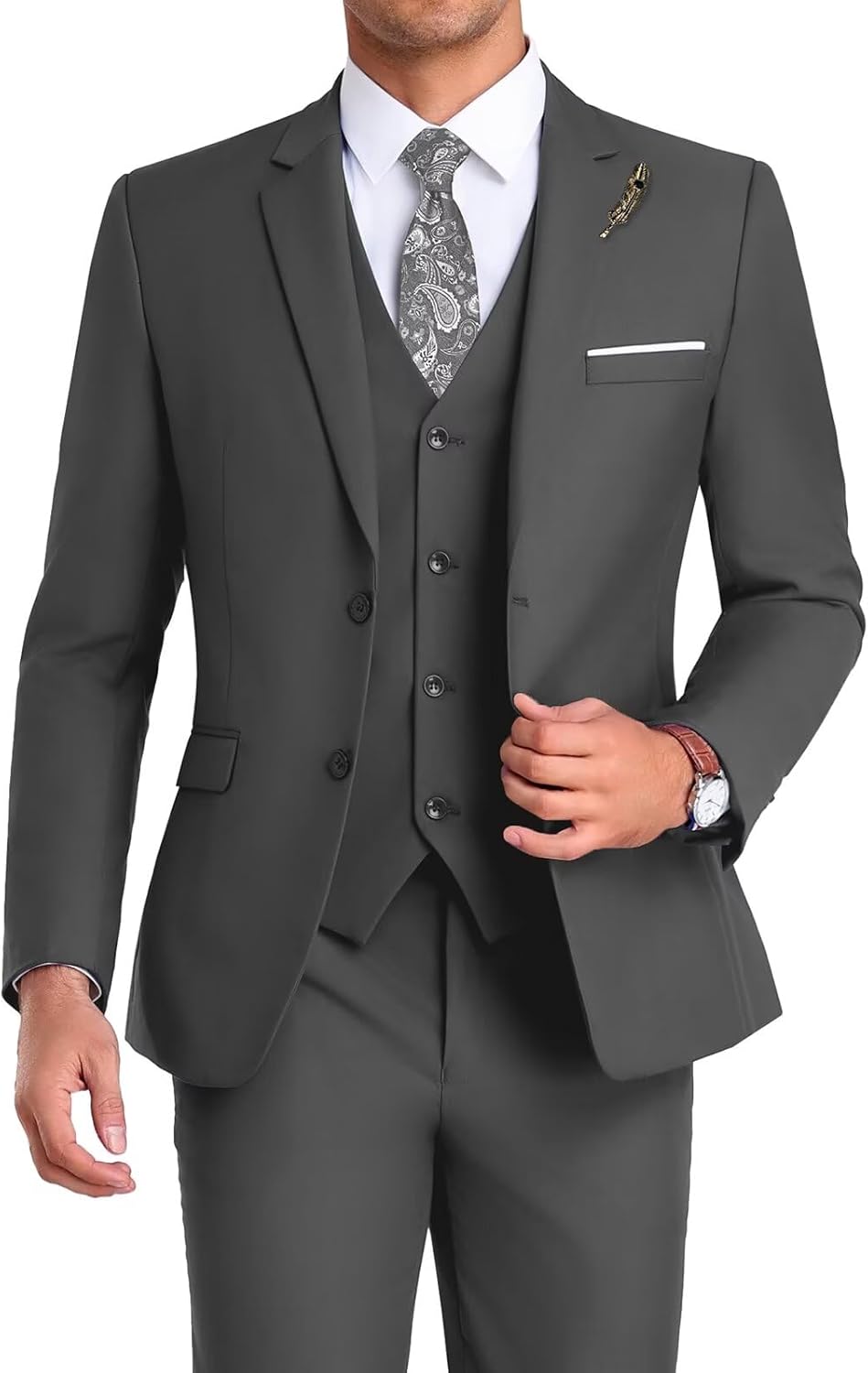 Men Suit 3 Pieces Slim Fit, 2 Buttons Groomsmen Business Jacket Vest Pant Prom Tuxedo with Tie