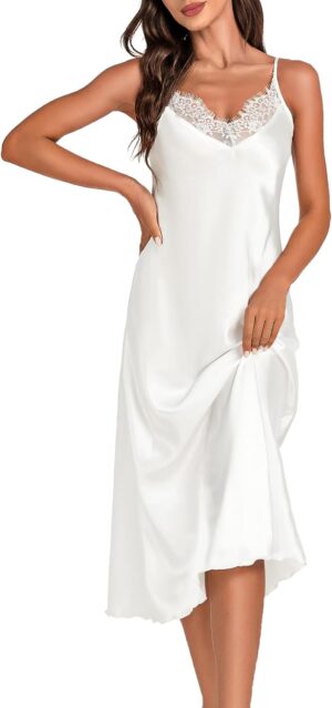 Marvmys Womens Satin Long Nightgown Lace Trim Silk Lingerie Slip Dress Sexy Spaghetti Strap Nightdress