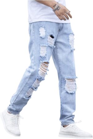 Verdusa Men's Ripped Distressed Straight Leg Jeans Casual Denim Pants Trousers