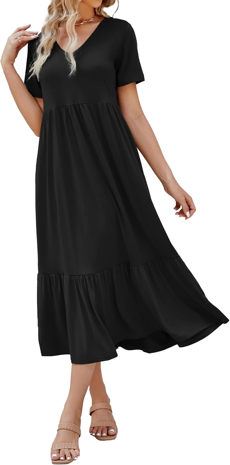 Women's 2025 Summer Short Sleeve V Neck Swing Dress Flowy Tiered Maxi Beach Sundress with Pockets