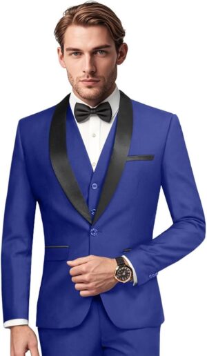 Mens Slim Fit Suit 3 Piece Solid Shawl Lapel Casual Business Blazer Set for Weddings Parties Tuxedo Jacket Pants