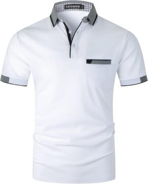 LIUPMWE Polo Shirts for Men with Pocket Elegante Plaided Short Sleeve Cotton T Shirts Golf Shirt