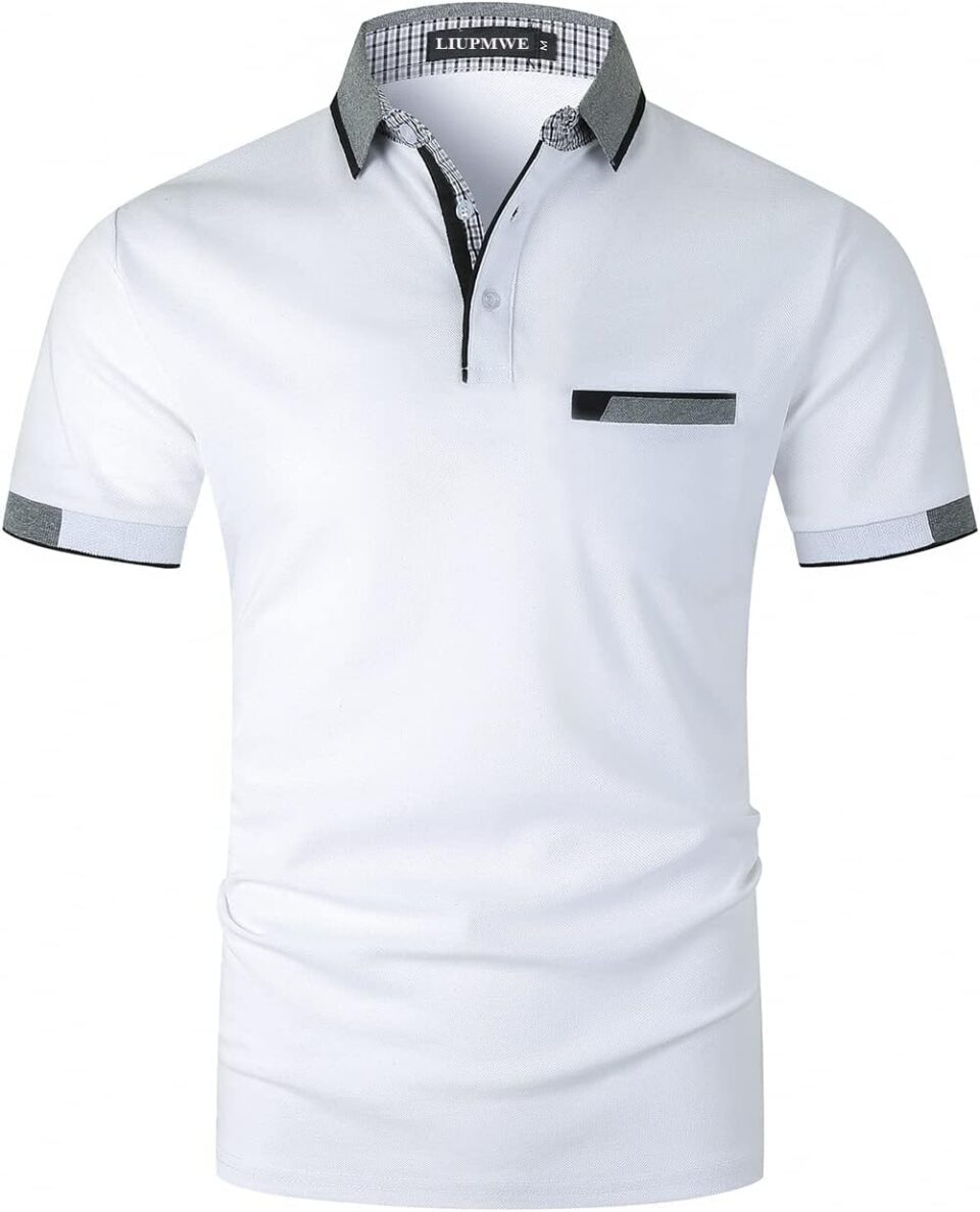 LIUPMWE Polo Shirts for Men with Pocket Elegante Plaided Short Sleeve Cotton T Shirts Golf Shirt