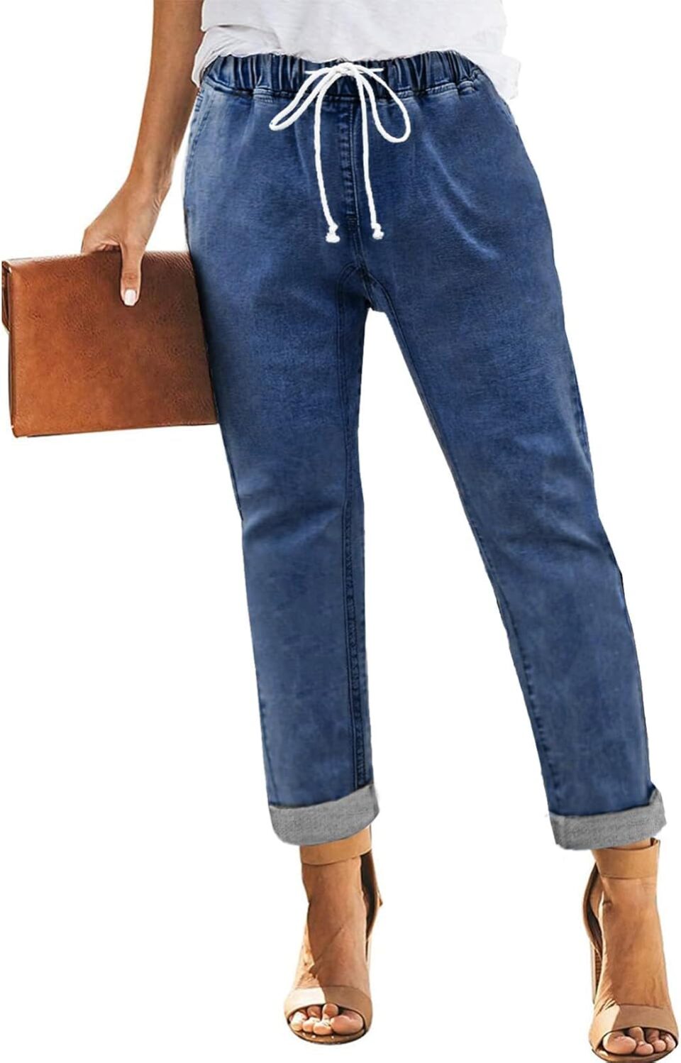 Sweezarmo Women's Pull On Solid Color Jeans Drawstring Elastic Waist Denim Stretch Joggers for Women