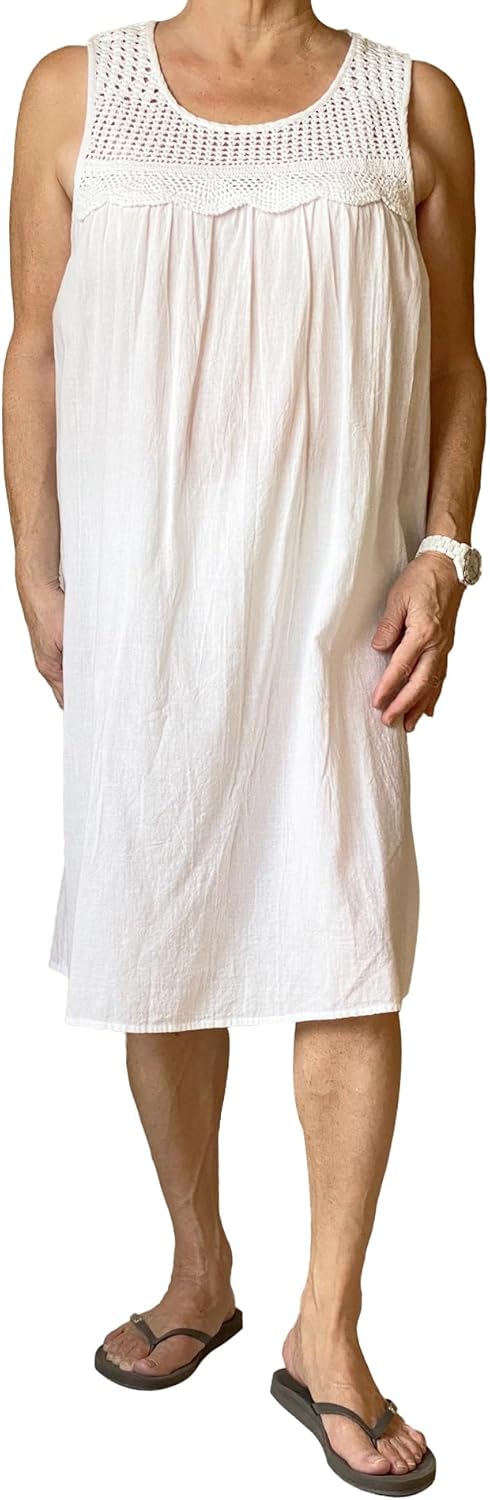 LA CERA Women's Crochet Yoke 100% Cotton Chemise, Embroidered Bib Yoke, Scoop Neckline, Sleeveless, Machine Wash