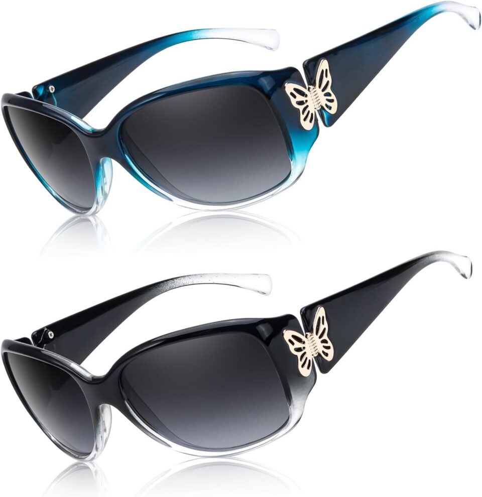 Myiaur Polarized Sunglasses for Women 2024, Trendy Retro Shades with UV400 Protection Butterfly Decors (2 Pack)
