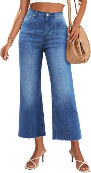 Genleck Women's Wide Leg Cropped High Waisted Seamed Front Raw Hem Denim Pants - Trendy Stretchy Baggy Jeans