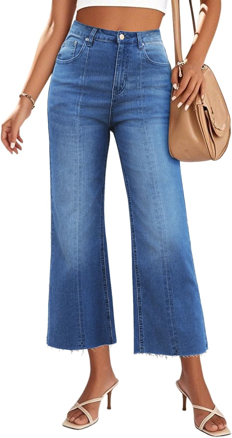 Genleck Women's Wide Leg Cropped High Waisted Seamed Front Raw Hem Denim Pants - Trendy Stretchy Baggy Jeans
