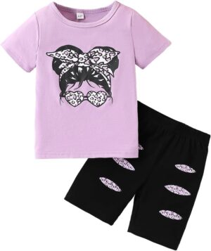 Kid Toddler Girl Clothes Summer Short Sleeve Figure Graphic Tee Shirt + Shorts Summer Outfits Set