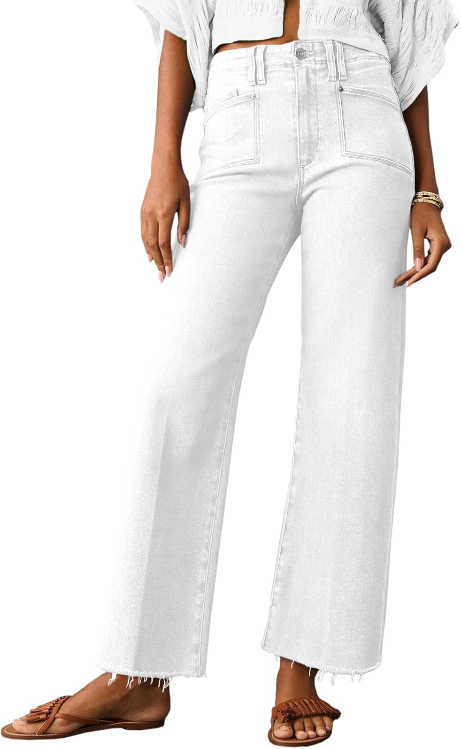 Cicy Bell Womens High Waisted Cropped Jeans Trendy Stretchy Baggy Straight Leg Raw Hem Capri Denim Pants