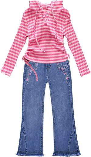 Peacolate 2-10Years Little Big Girls 2pcs Clothing Set T Shirt and Blue Embroidered Jeans