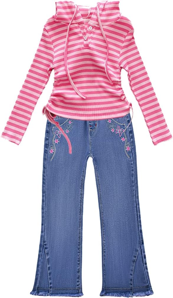 Peacolate 2-10Years Little Big Girls 2pcs Clothing Set T Shirt and Blue Embroidered Jeans