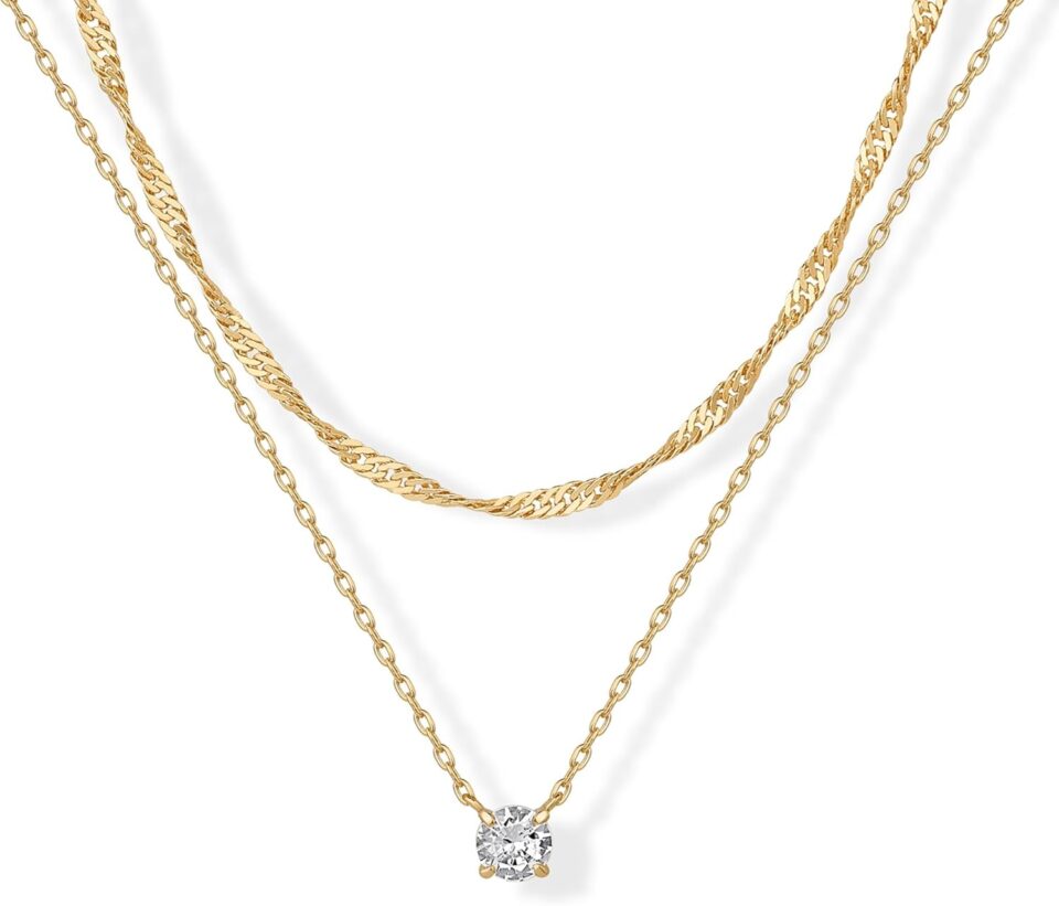 PAVOI 14K Gold Plated Twisted Singapore Chain Layering Choker with Round Solitaire and Serpentine Chain Layering Choker with Pear-Cut Stone Pendant Necklace Pack for Women | Cubic Zirconia Statement Layered Necklace Set