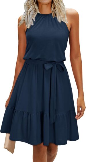 Newshows Womens 2025 Summer Dress Halter Wedding Guest Casual Beach Vacation Outfits Belted Sundresses with Pockets