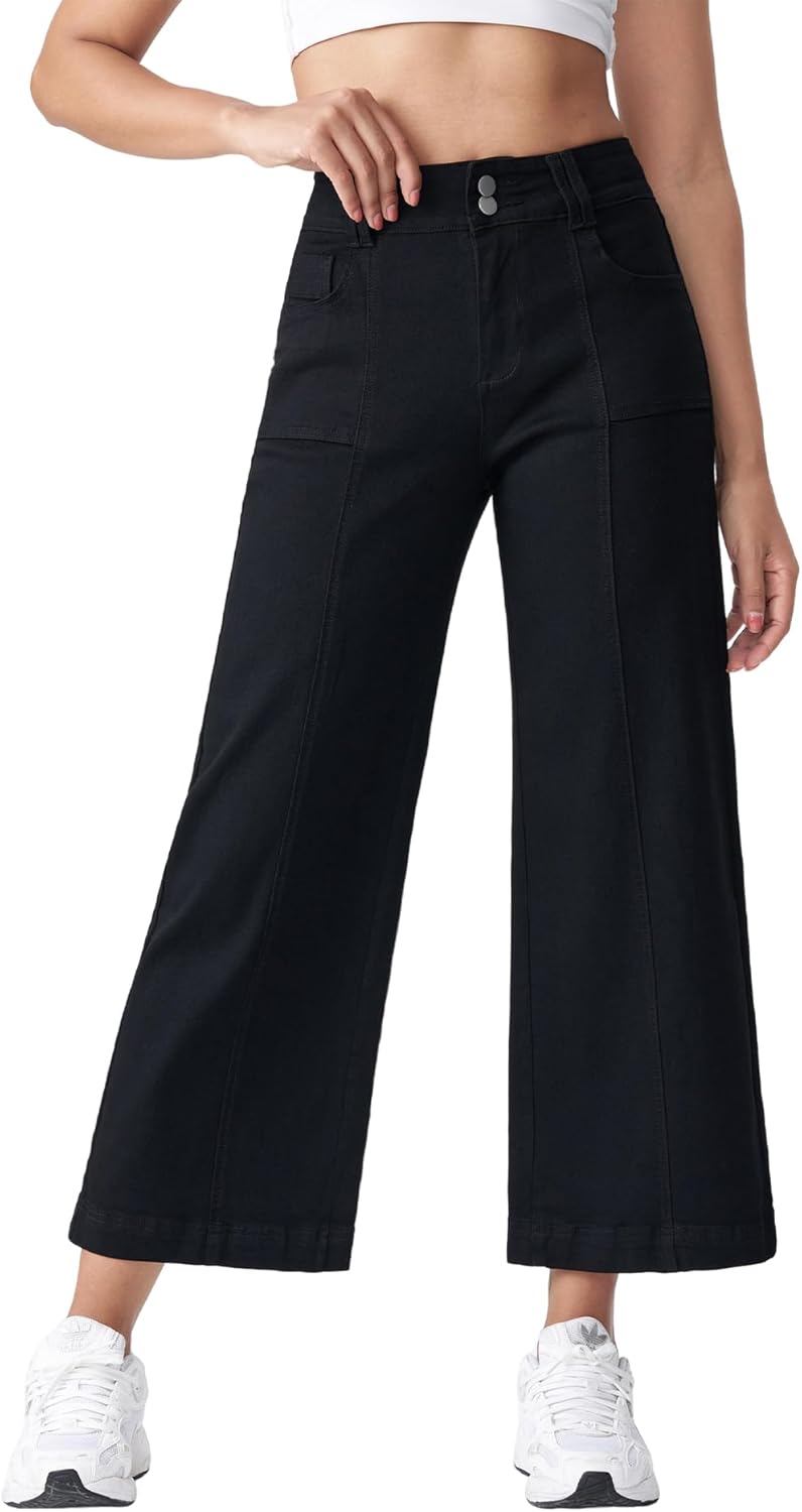 Women's Wide Leg Petite Jeans High Waisted Stretchy Cropped Denim Pants