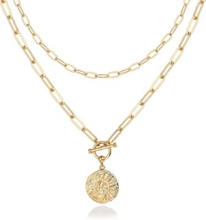 PAVOI 14K Gold Plated Layering Necklaces | Stylish Minimalist Design Pendant Necklaces | Bar, Circle, Lotus, Disc, Dog Tag, Horizontal Bar Pendants for Women