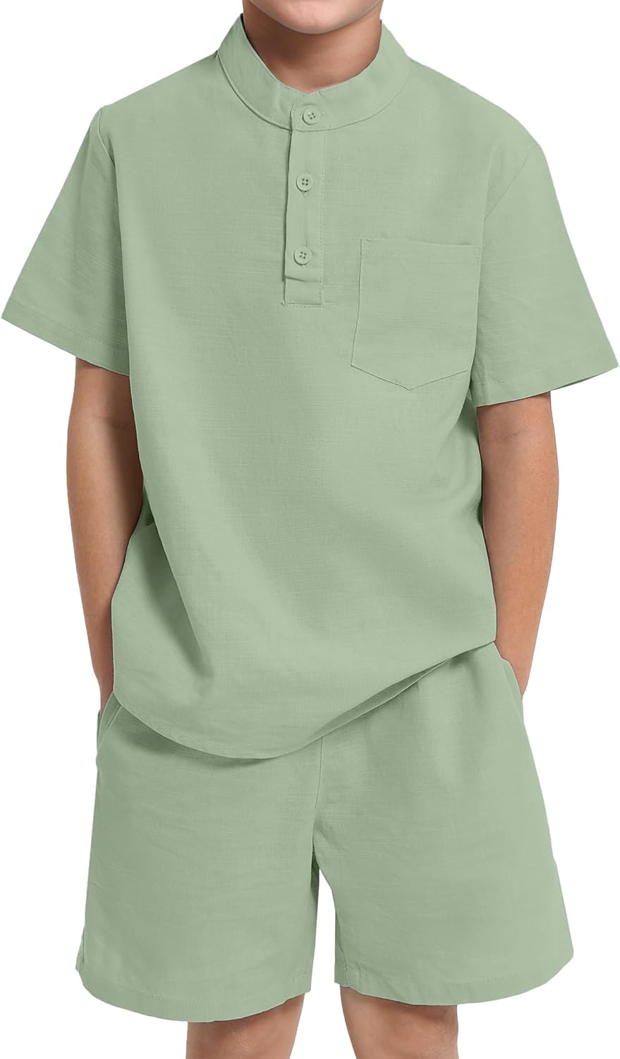 JiAmy Boy's 2 Piece Summer Outfits Casual Henley Button Down Short Sleeve Shirts and Short Sets Kids Clothes Pants Sets