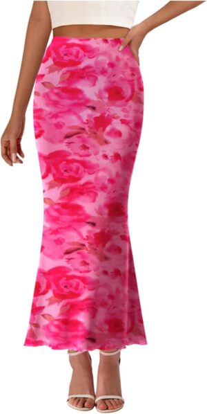 PRETTYGARDEN Women's Floral Print Mesh Long Skirt High Waisted Bodycon Fishtail Flowy Summer Maxi Skirts for Women Trendy