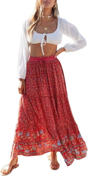 ZESICA Women's 2025 Summer Bohemian Floral Printed Elastic Waist A Line Maxi Skirt with Pockets