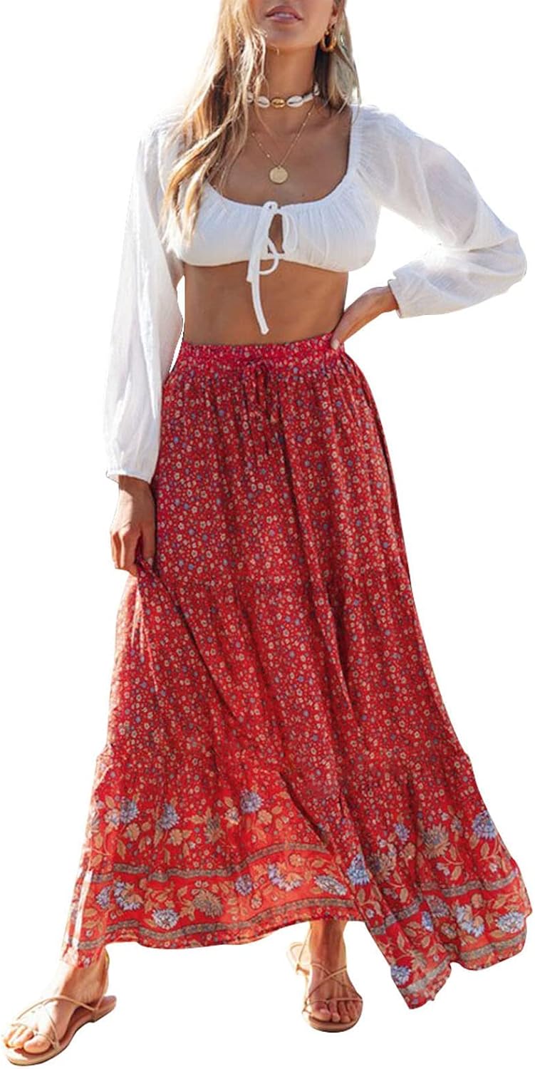 ZESICA Women's 2025 Summer Bohemian Floral Printed Elastic Waist A Line Maxi Skirt with Pockets