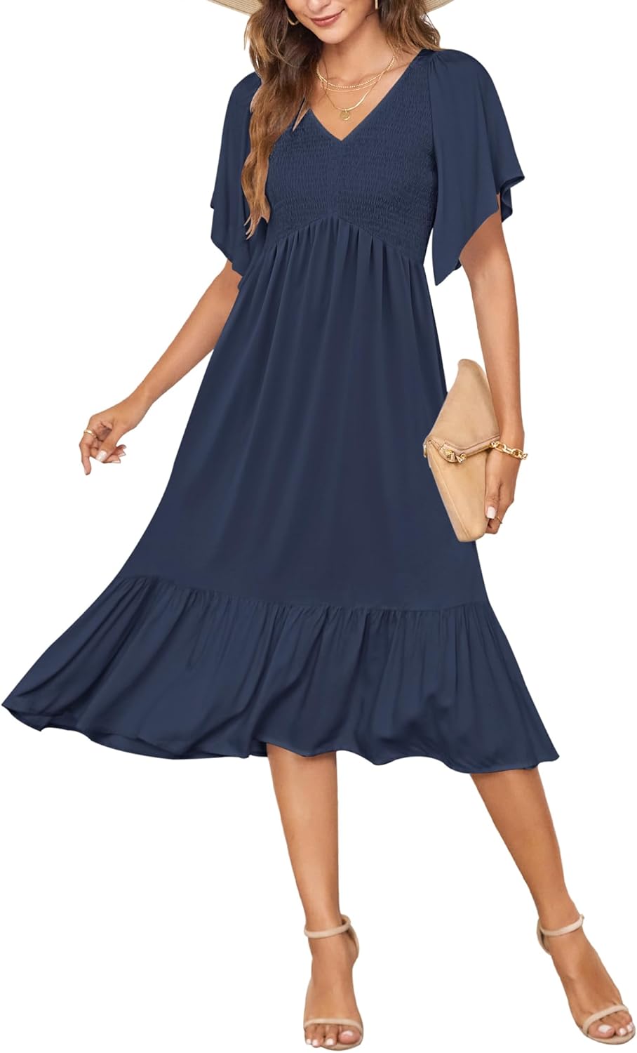 AUSELILY Women's Summer Empire Waist Dress Smocked Flutter Short Sleeve V Neck Midi Dresses 2025 New