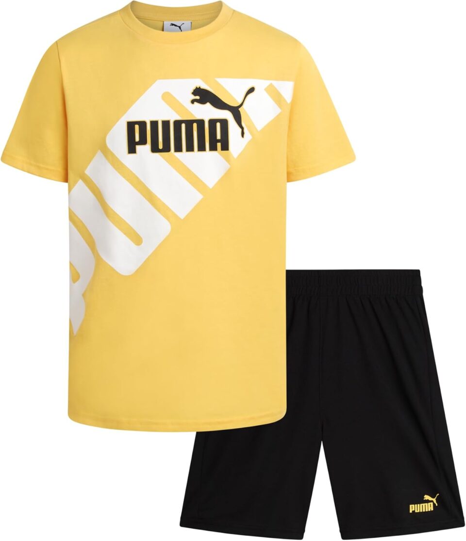 PUMA Boys' Short Set - 2 Piece Short Sleeve Crewneck Performance Graphic Tees and Athletic Mesh Shorts for Boys (Sizes: 4-16)