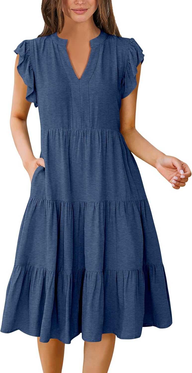 ANRABESS Womens Summer Dress Ruffle Sleeve V Neck Midi Dresses Fashion Casual Fit Flowy Tiered Boho Beach Vacation Sundress