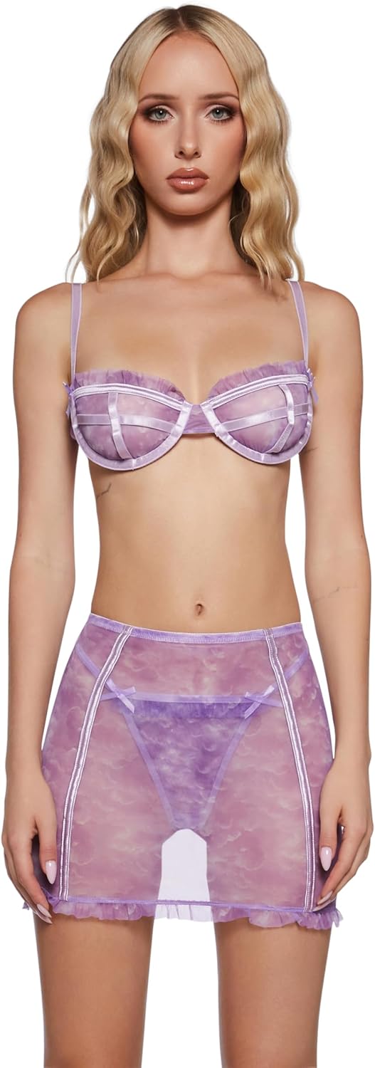 Dolls Kill Princess Charming Lingerie Set – Sheer Mesh Bra, Ruffled Skirt & Bow Appliques