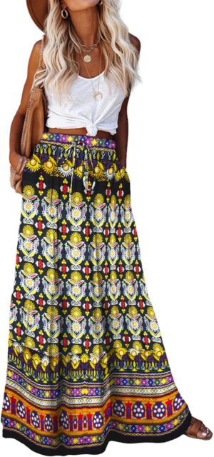 Bsubseach Skirts for Women Summer 2025 Boho Pleated Flowy Long Skirts Casual A Line Floral Maxi Skirt with Pockets
