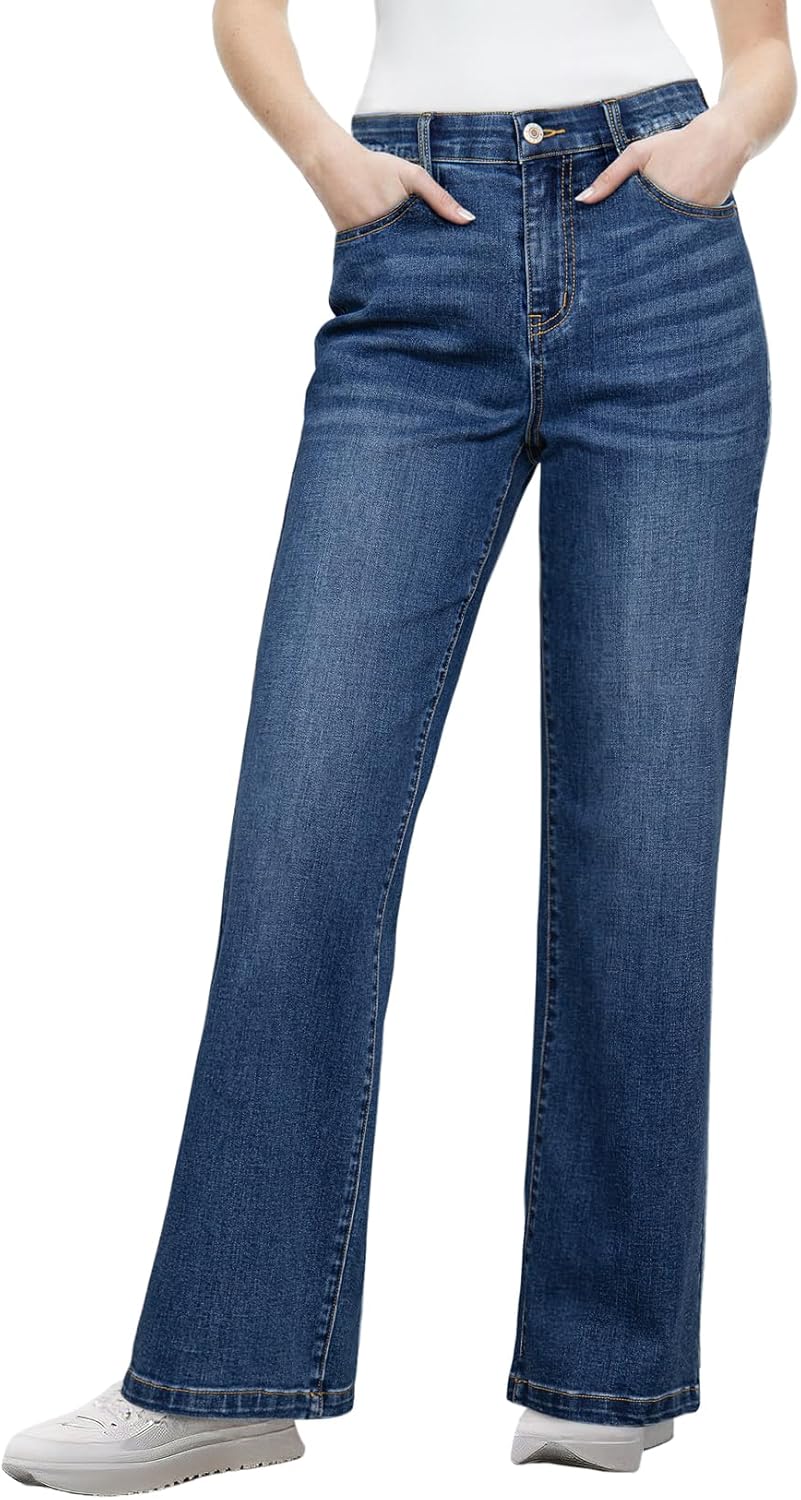 Sidefeel Women's Wide Leg Jeans High Waisted Tummy Control Stretchy Straight Leg Elastic Waist Trendy Denim Pants
