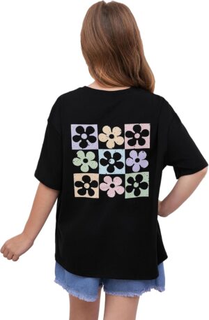 Girl's Floral Graphic Print Cute T Shirts Crew Neck Short Sleeve Clothes Loose Summer Cute Tops for Girls