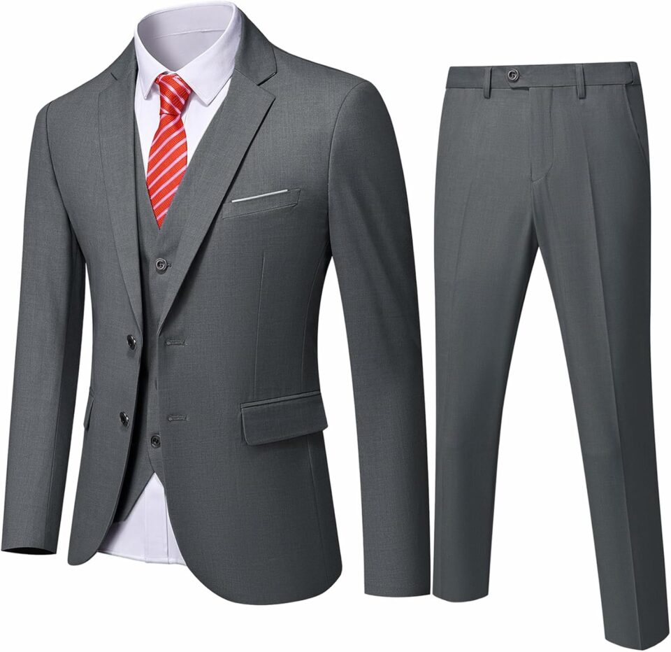 YND Men's Slim Fit 2 Button 3 Piece Suit Set, Solid Blazer Jacket Vest Pants & Tie