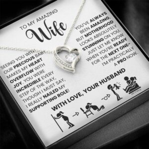 Heart Necklace for Wife, New Mom Gift From Husband With Message Card, Stainless Steel 14K White Gold Finish Chain