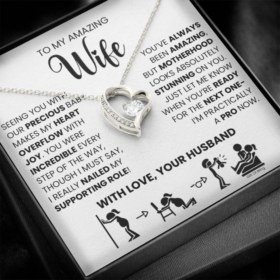 Heart Necklace for Wife, New Mom Gift From Husband With Message Card, Stainless Steel 14K White Gold Finish Chain