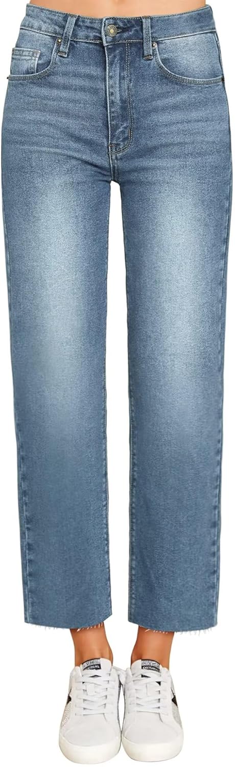 KDF Women's Cropped Straight Leg Jeans - High Waisted Jeans for Women 7/8 Length Denim Pants with Crop Hem