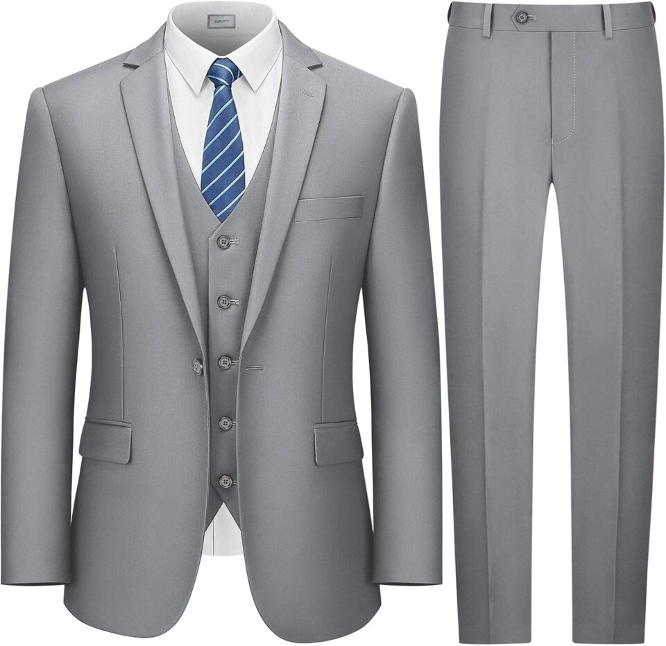 LUPURTY Suits for Men, 3 Piece Men's Suit Slim Fit, Solid Jacket Vest Pants with Tie, One Button Tuxedo Set