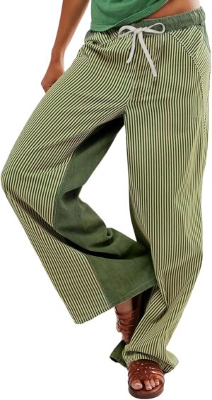 Low Rise Striped Pants for Women Pull On Drawstring Boho Wide Leg Jeans Trendy 2025