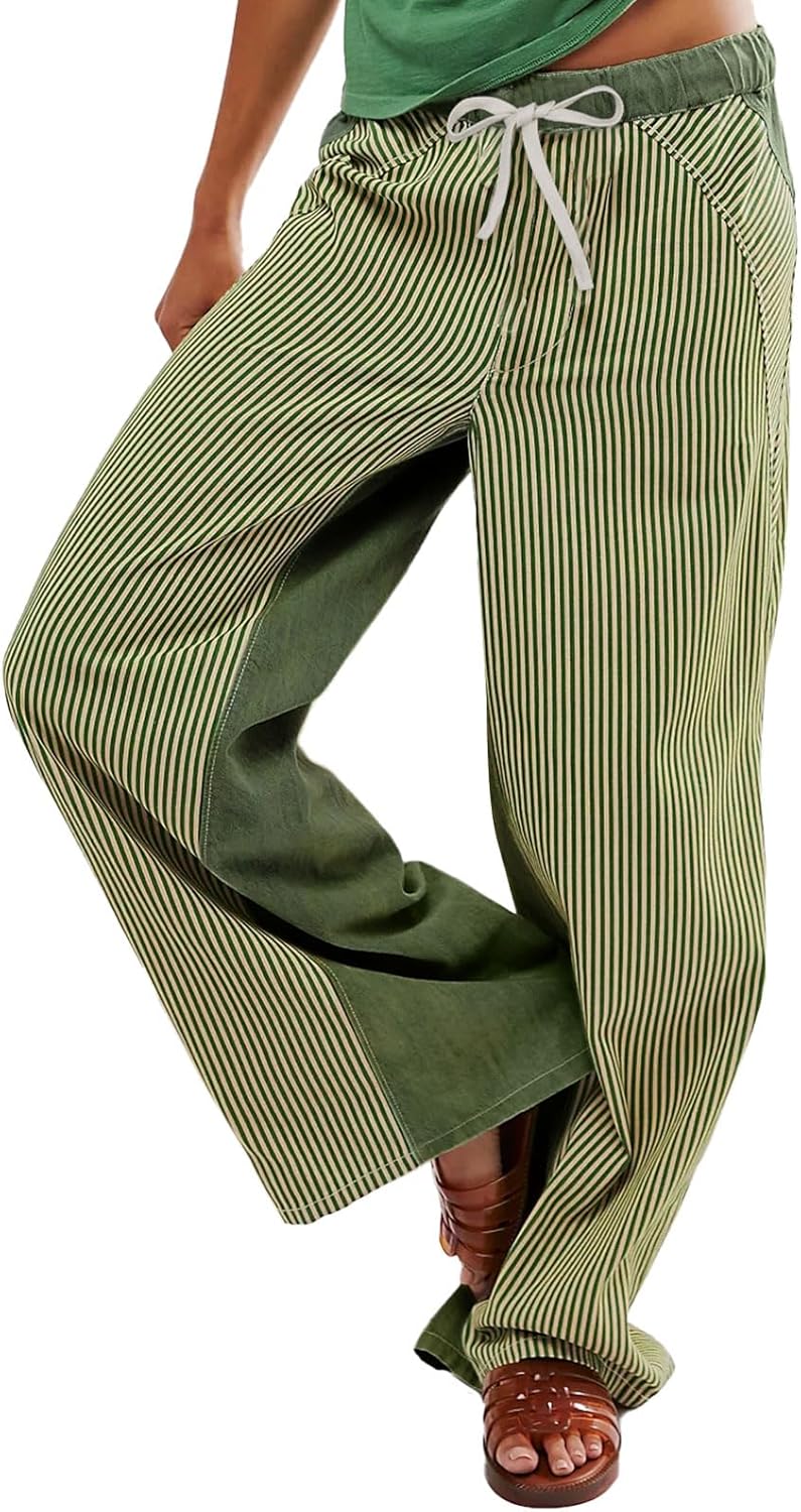 Low Rise Striped Pants for Women Pull On Drawstring Boho Wide Leg Jeans Trendy 2025