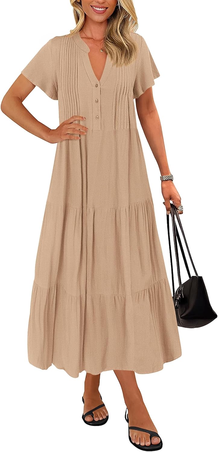 KIRUNDO Summer Maxi Dresses for Women 2025 Spring Fashion Short Sleeve Button V Neck Pleated Loose Tiered Swing Flowy Dress