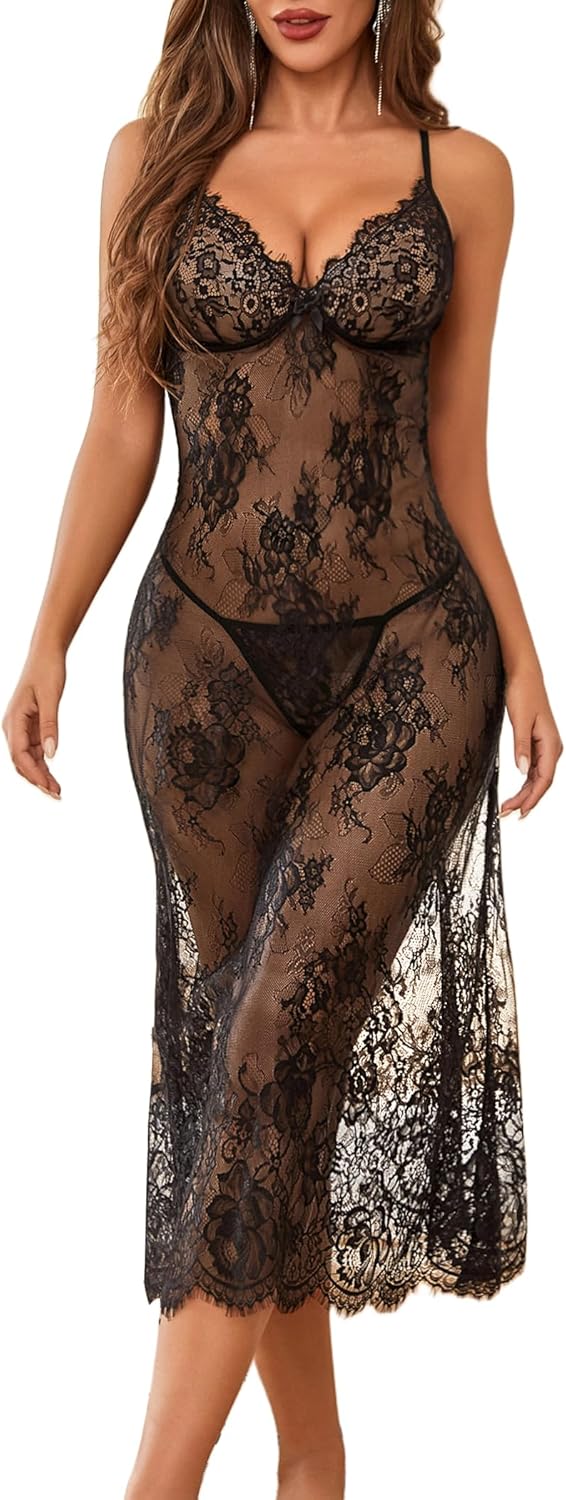 Avidlove Women Lingerie Floral Lace Halter Babydoll Lingerie Dress With Thong Nightdress Nightgown for Women