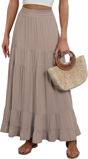 ANRABESS Womens Maxi Skirt Elastic High Waist Swing Tiered A-line Flowy Pleated Boho Beach Vacation Long Skirts