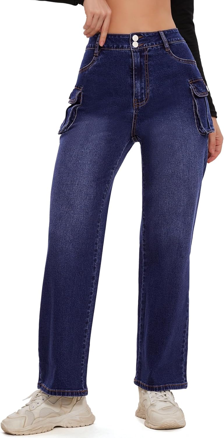 Women Denim Sweatpant Cargo Jeans High Waist Flap Pocket Casual Full-Length Wide Leg Pants Baggy Faux Jeans